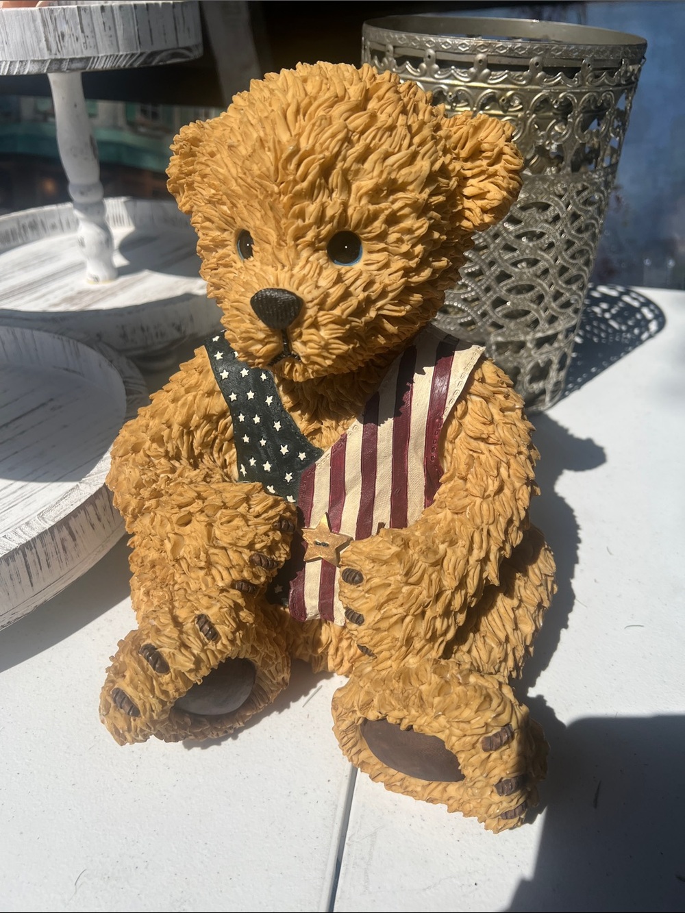 Patriotic Teddy Bear Figurine - Golden Brown with Flag Vest